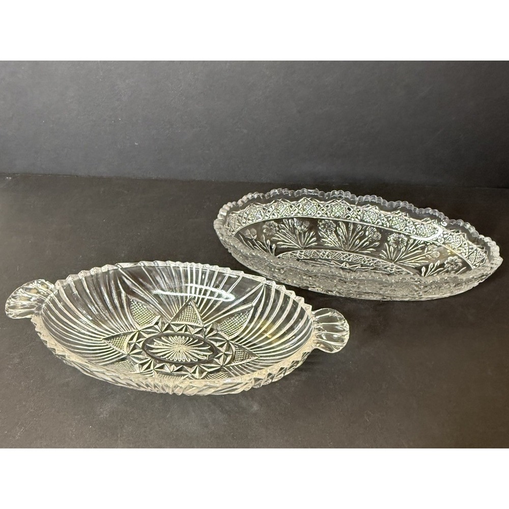 Vintage Clear Pressed Glass Relish Dishes Set of 2 Oval Pickle Tray Candy Bowls